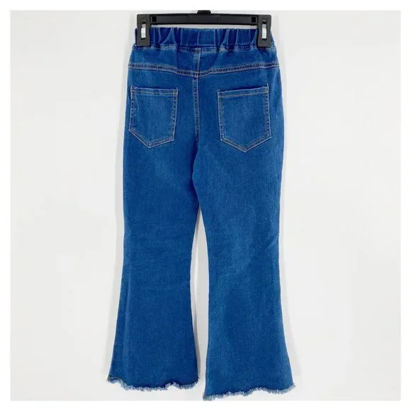 Girls Pull On Denim Jeans Flare Leg Raw Hem No Size Tag Lightweight Chambray Fee - Picture 3 of 5